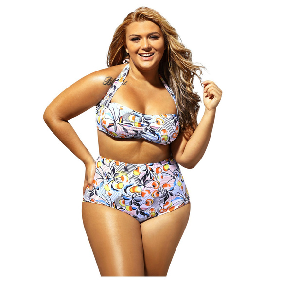 Cherry Print High Waist Plus Size Swimsuit Bikini - Picture 2 of 8